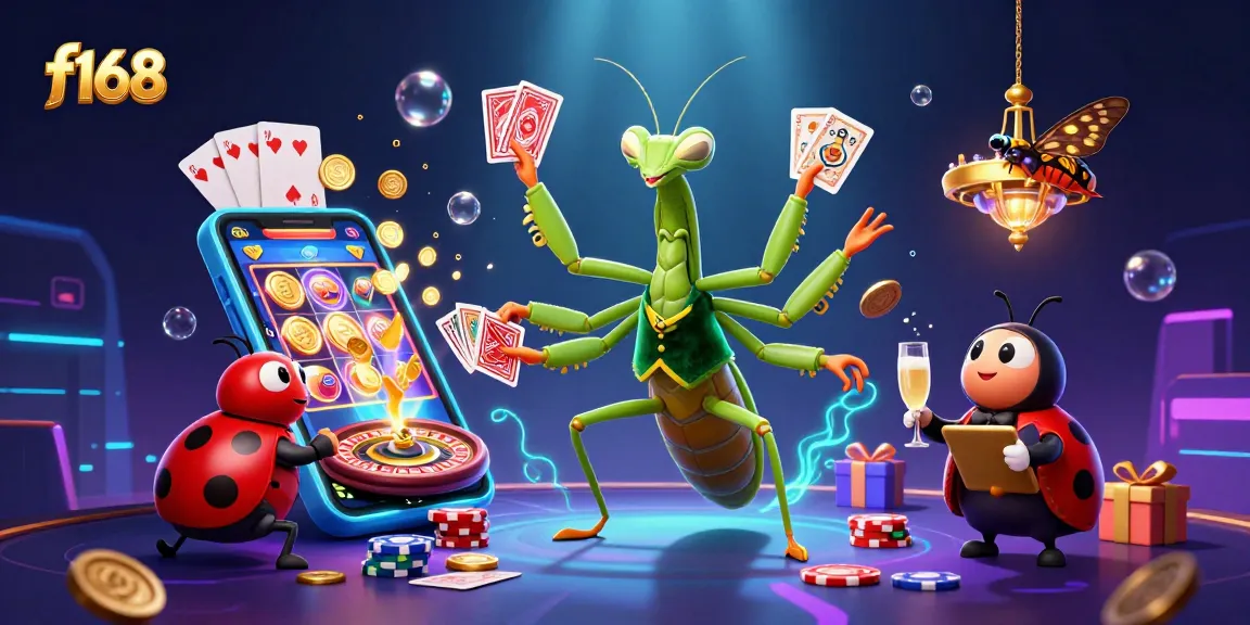 Experience the excitement at f168 with energetic casino characters and vibrant game elements.