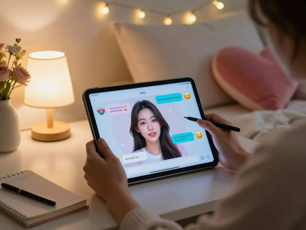 Engaging chat with an AI gf in a cozy bedroom setting, showcasing modern romance and digital interaction.