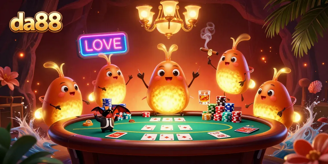 Experience da88 as glowworms illuminate a vibrant cave casino scene filled with poker action.