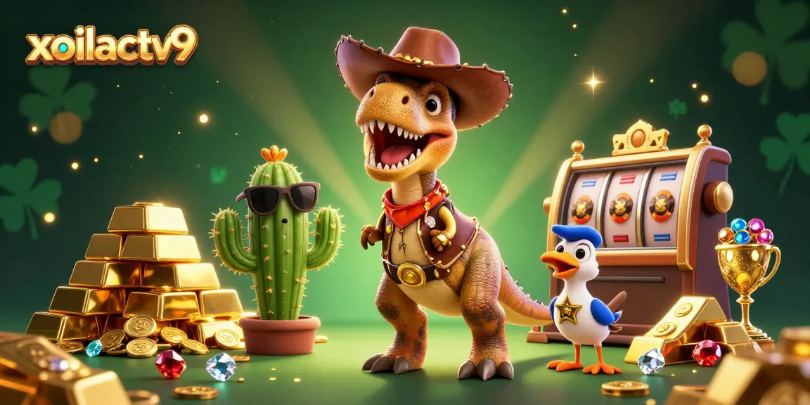 Experience the excitement of gambling with xoilactv9 as a cowboy T-Rex and friends at a vibrant casino scene.