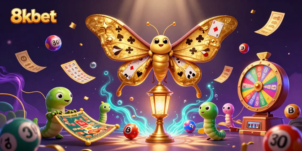 Experience thrilling gameplay with 8kbet as vibrant lottery balls and golden tickets surround a majestic atlas moth.