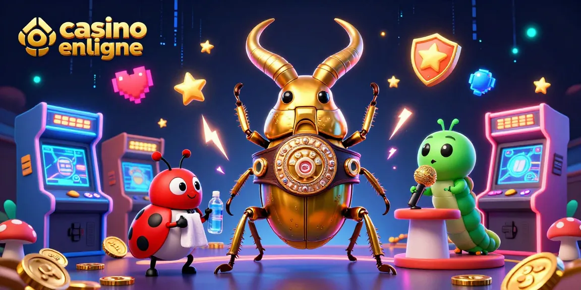 Casino en ligne : scène dynamique de personnages 3D en compétition, machines à sous en arrière-plan.