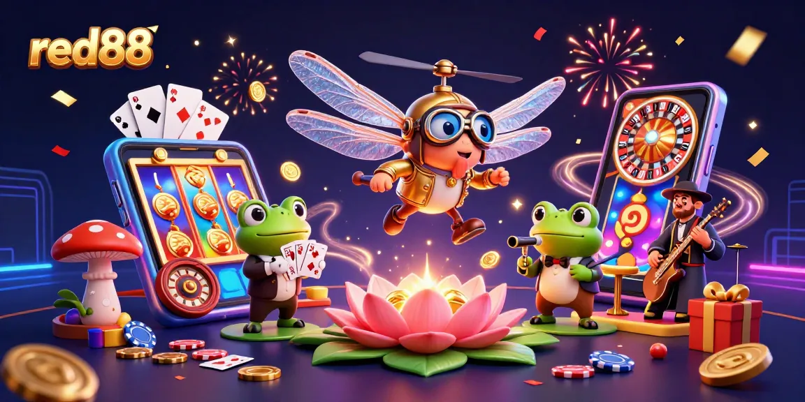 Experience vibrant gaming with red88 as a dragonfly pilot and frog croupier create excitement.