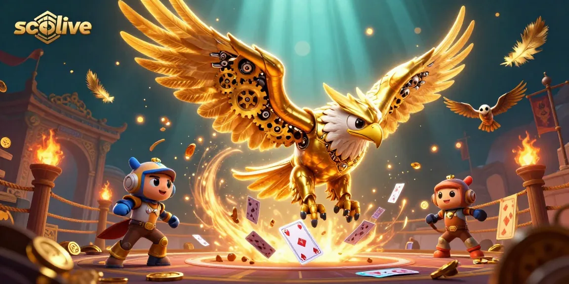 Socolive showcases thrilling sports action with a cartoon eagle diving through holographic cards in a vibrant casino scene