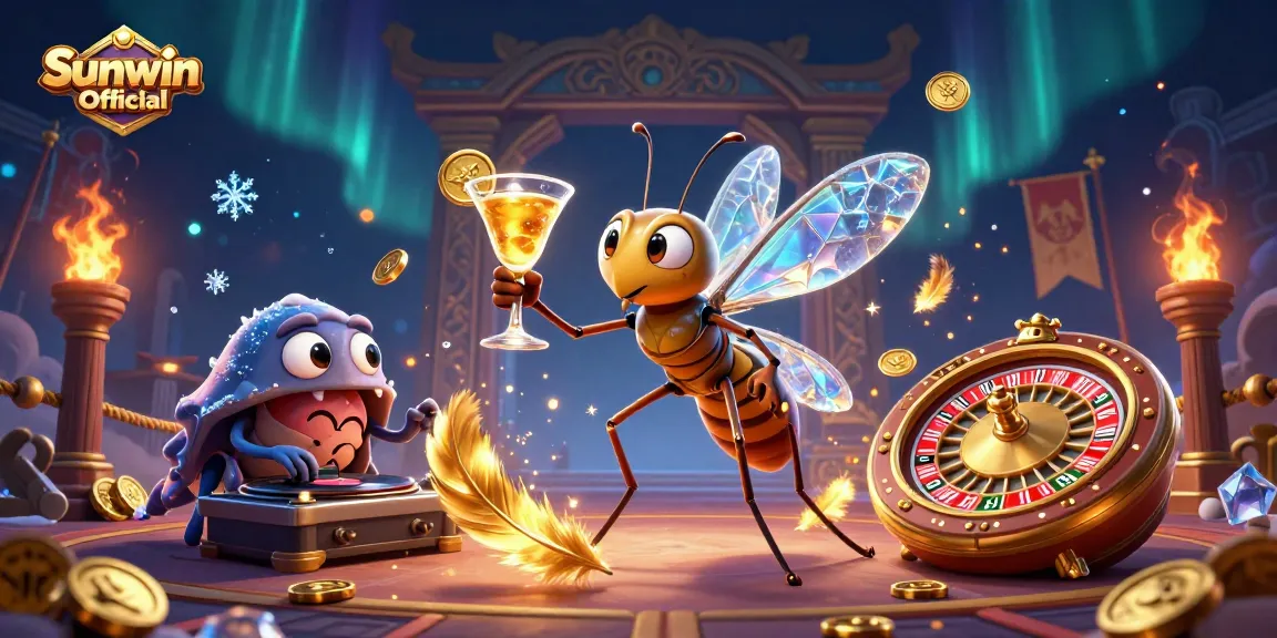 Engaging Sunwin Official promotional image showcasing a 3D casino mascot with golden cocktail amid vibrant casino elements.