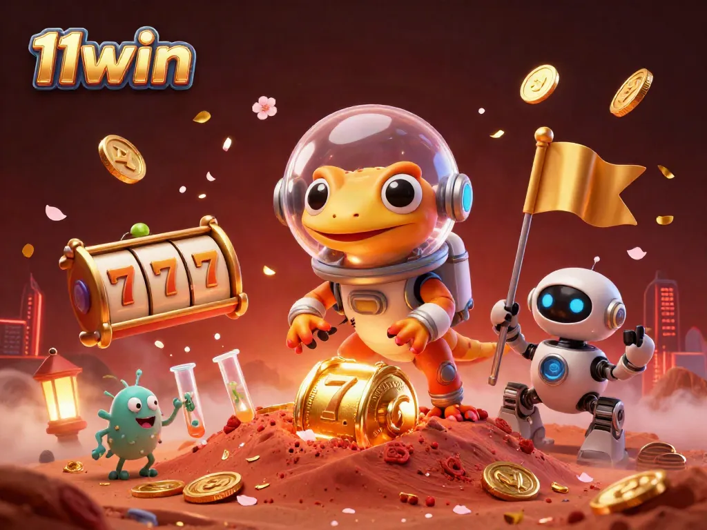 Experience the thrill of 11win with a Martian gecko exploring a golden casino amid vibrant visuals.