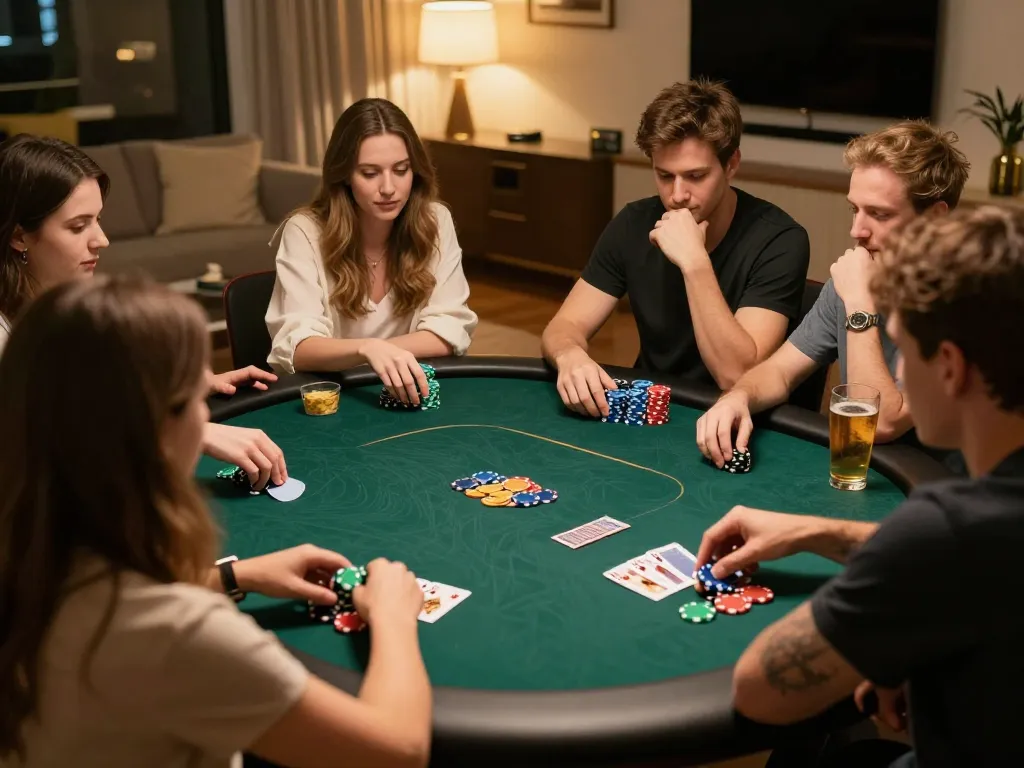 Players at home engaging in keonhacai poker game, showcasing chips and cards in an inviting atmosphere.