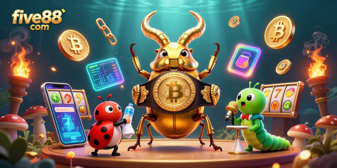 Engage with five88 com as a 3D stag beetle boxing amidst vibrant casino elements in this lively gaming illustration.
