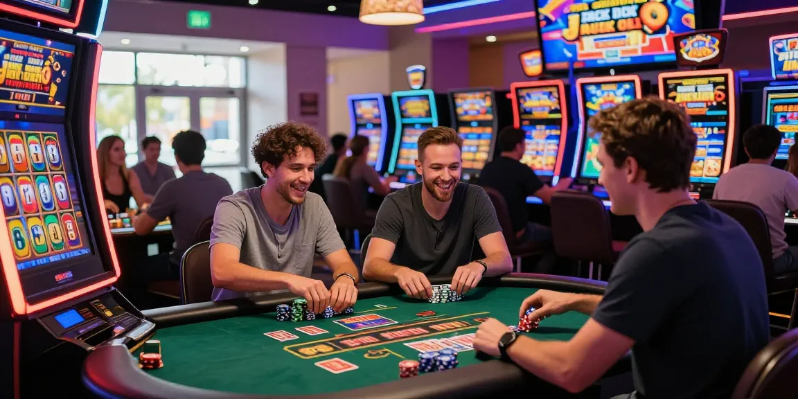Exciting atmosphere at https://ibn.org.uk showcasing players enjoying new credit card casino games, illuminated by vibrant neon lights.