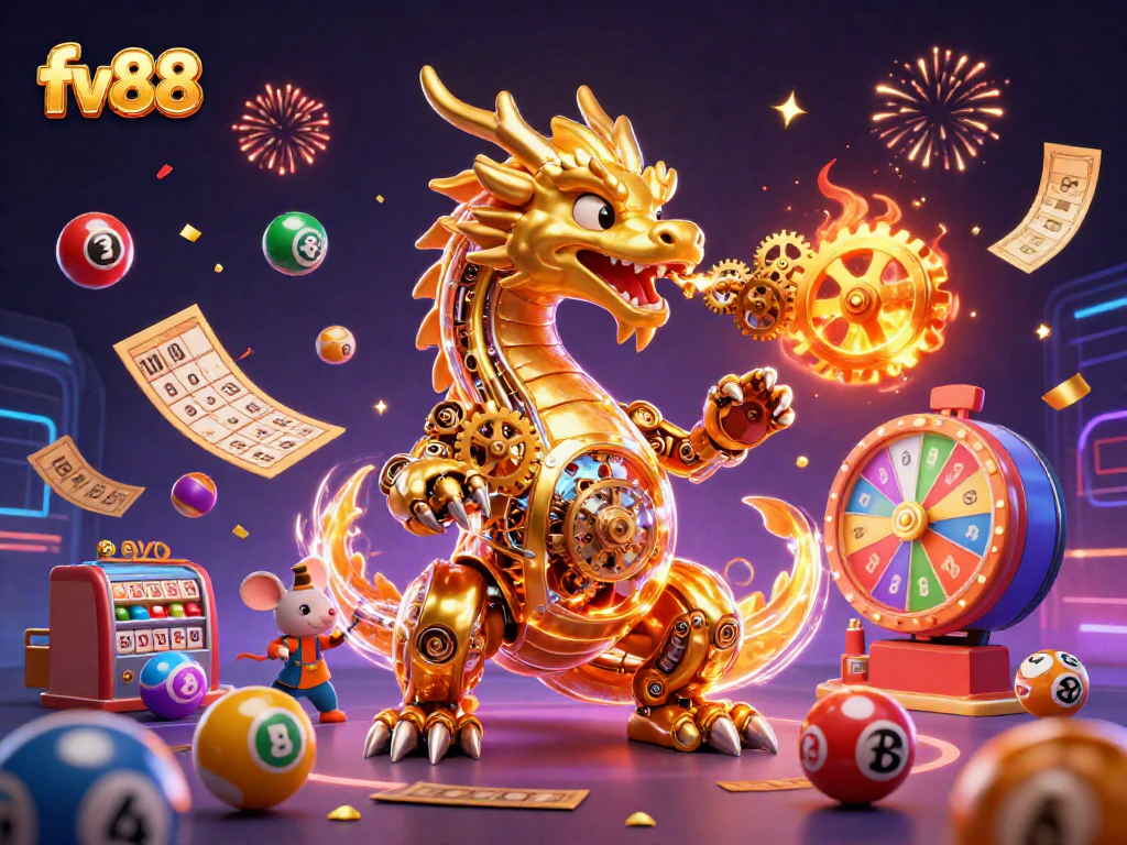 Win big with fv88 as the golden dragon breathes gears and confetti in a vibrant casino scene.