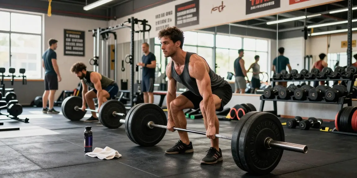 Kraftsportler zeigt Stärke und Konzentration im Anabolika Shop Deutschland Fitnessstudio und führt im energetischen Ambiente einen Deadlift mit Gewichten aus.