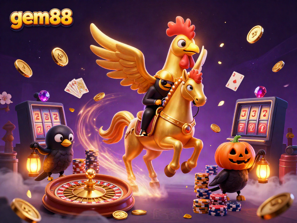 Experience thrilling gameplay with gem88's vibrant casino scene featuring animated characters and classic game elements.