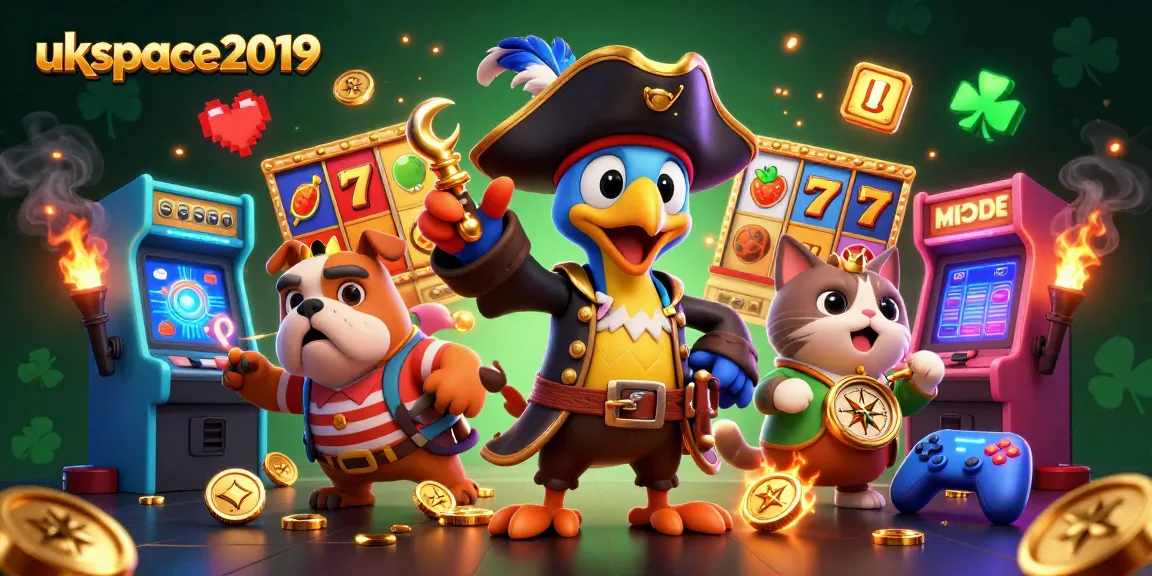 Spin at ukspace2019 with vibrant slot reels, pirate characters, and neon gaming elements!
