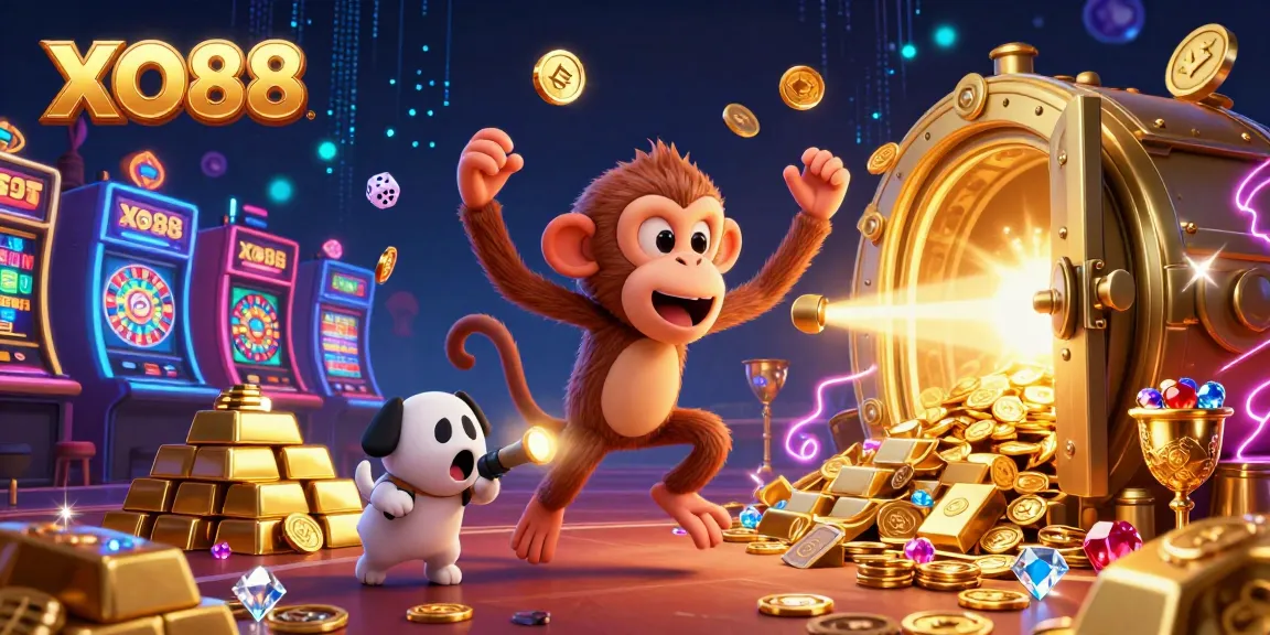 Experience the thrilling world of XO88 as the mischievous monkey juggles golden treasures in a vibrant casino.