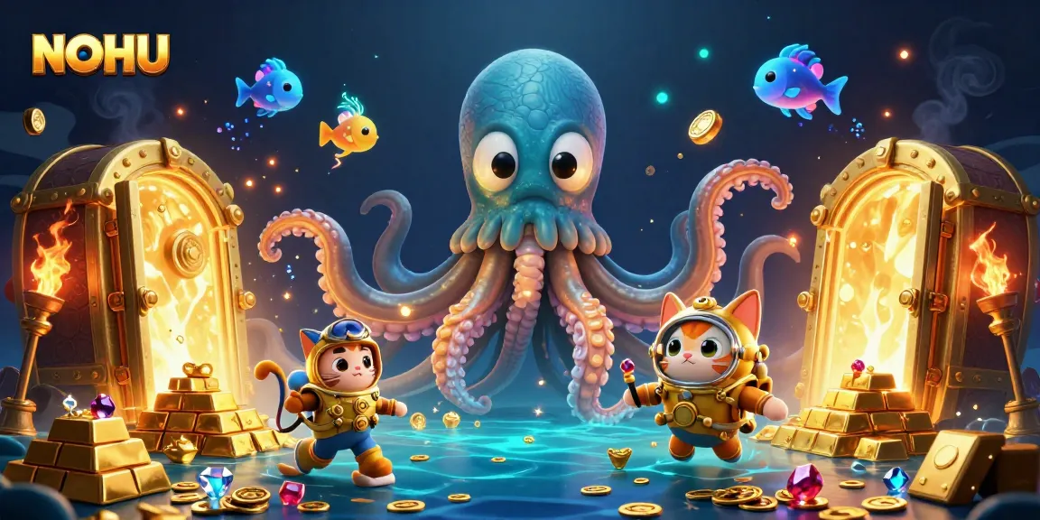 Engage with NOHU's treasure-filled world featuring kraken, diving cat, and dazzling jewels.