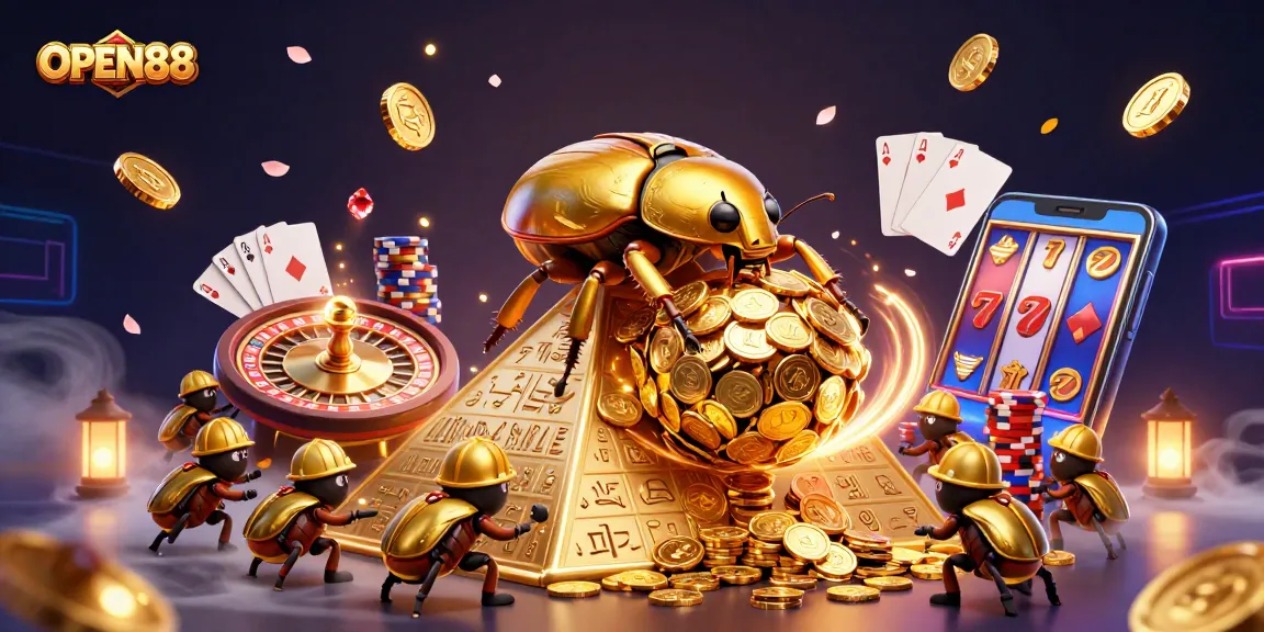 Experience the thrill of OPEN88 as golden coins cascade alongside a massive beetle exploring casino treasures in vibrant 3D.
