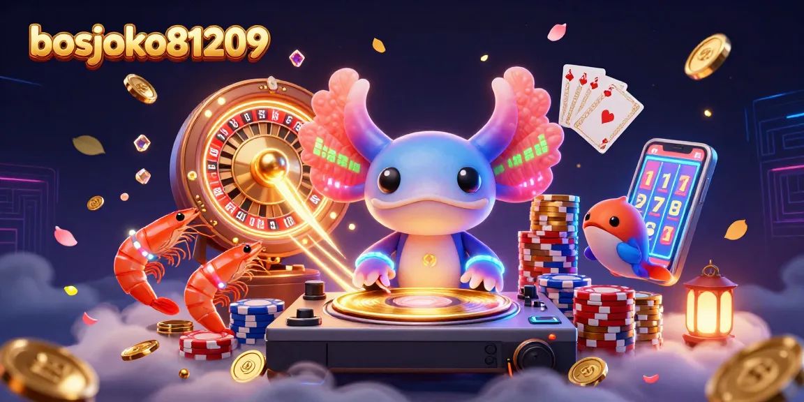bosjoko81209 merayakan kemenangan dengan jackpot dalam ilustrasi kasino penuh warna dan dinamis