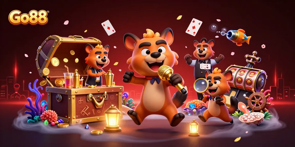 Join the fun at Go88's comedy casino club featuring animated hyenas and vibrant casino elements.