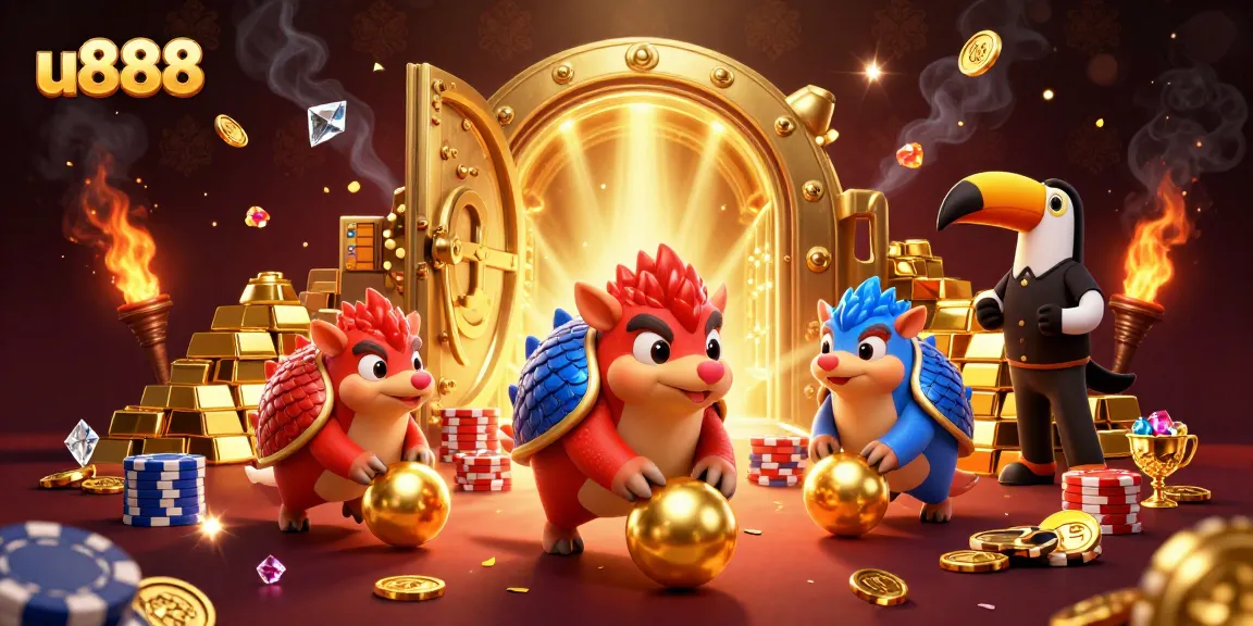 Bowling pangolins in u888 casino scene with poker chips and golden treasures.