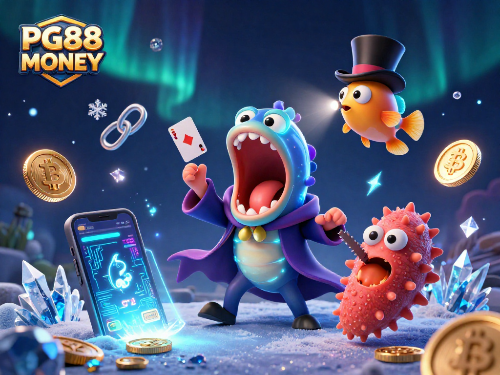 Play exciting games at PG88 MONEY, featuring vibrant casino magic and crypto-themed art.