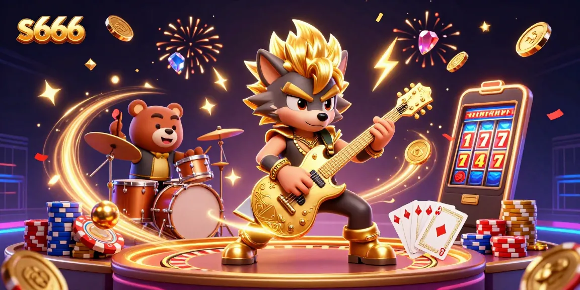 s666 casino rock star wolf shredding guitar with casino elements in vibrant scene