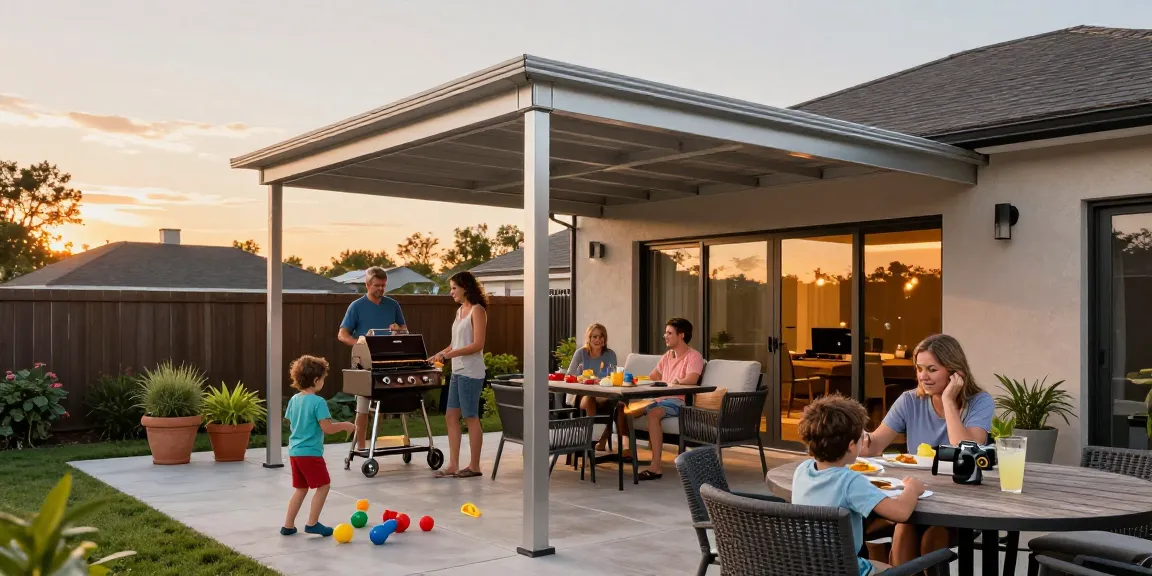 Moderne Terrassenüberdachung mit Familie beim Grillen im Abendlicht.