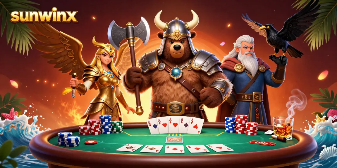 Win exciting jackpots with sunwinx as Vikings and eagles compete at a vibrant poker table.