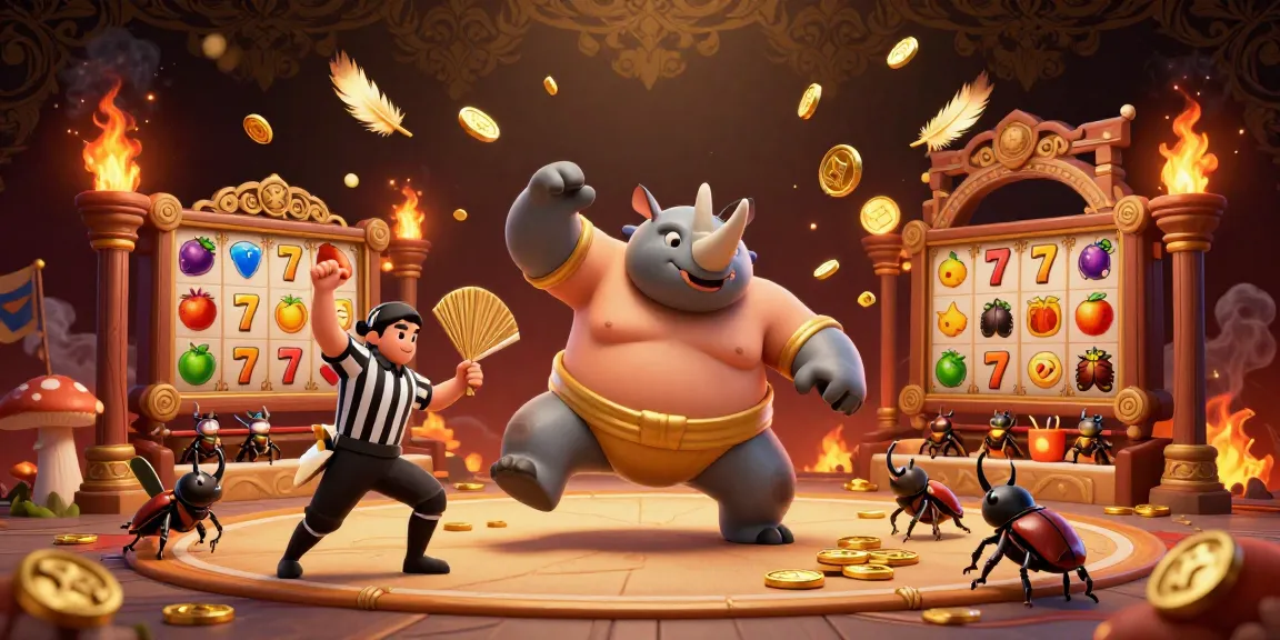 Engage in the thrill of km777 slot with a dynamic scene showcasing colorful slot reels and a sumo champion.