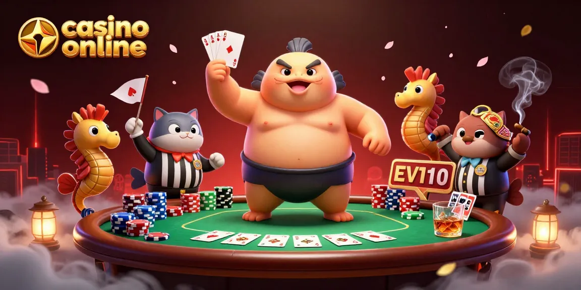 Engage in exciting casino online action with a vibrant underwater poker scene featuring a cartoon fugu and a catfish referee.