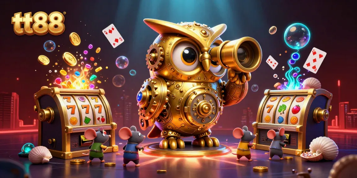 Spin the reels in the vibrant casino scene at tt88 with a golden owl overseeing gameplay.