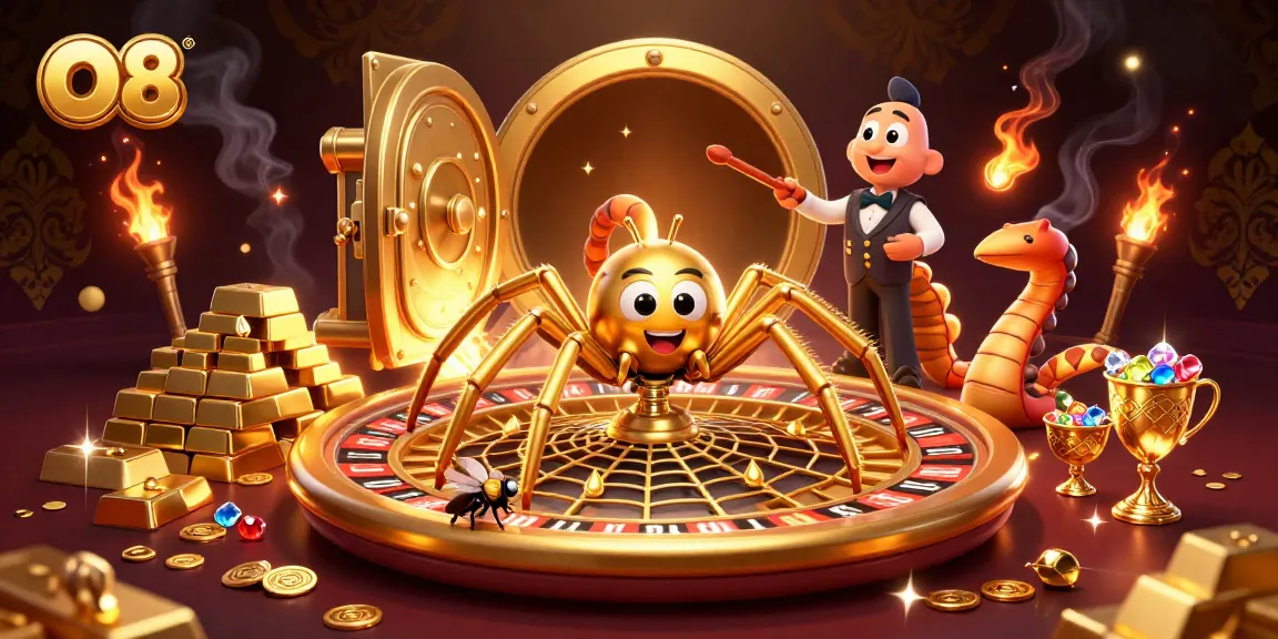 O8 offers thrilling gambling with a cartoon spider spinning a golden roulette wheel in a lavish casino setting.