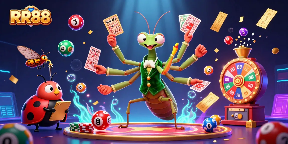 Experience RR88's vibrant casino scene featuring an energetic giant mantis and a ladybug pit boss.