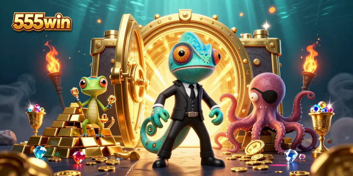 Join the fun with 555win's casino adventures featuring a secret agent chameleon and colorful treasures.