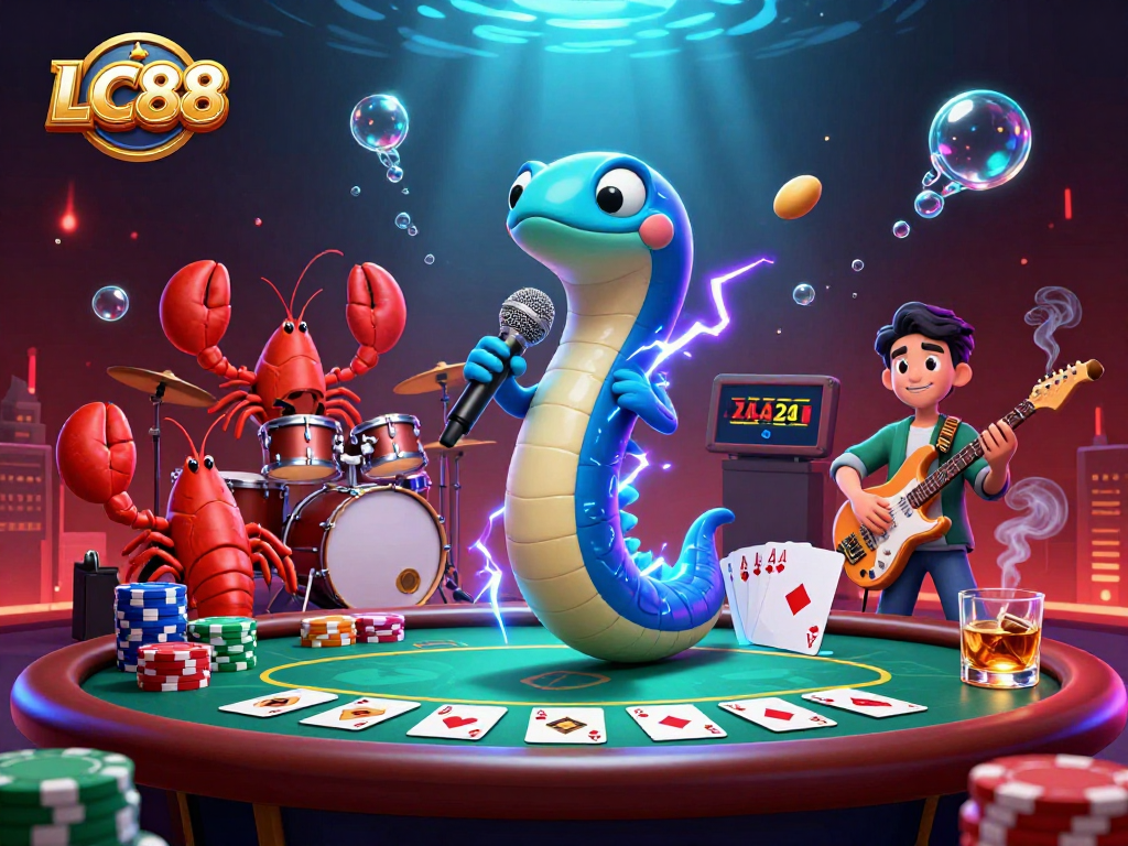 LC88 showcases an energetic underwater casino scene featuring a DJ electric eel surrounded by vibrant gambling elements.