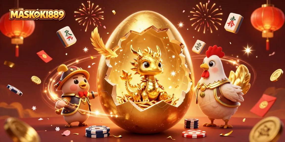Experience the thrill with MASKOKI889's golden dragon and poker chips in an exciting celebration.