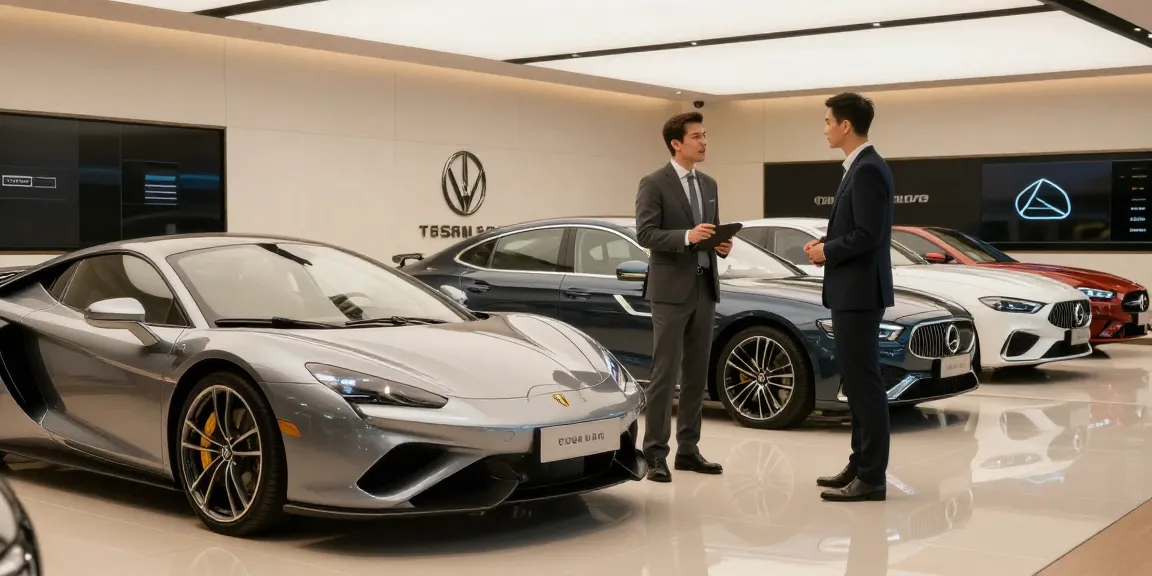 Pengunjung melihat mobil mewah LUXURY 777 di showroom yang elegan.