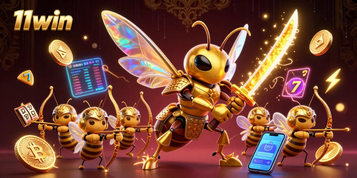 Engage with 11win's vibrant casino scene featuring a golden hornet in armor amidst crypto-themed elements.