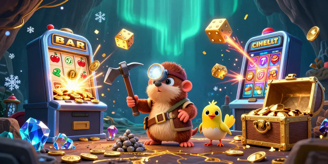 Bongdalu7 showcases a treasure hunter mole mining in a vibrant casino scene full of golden treasures and dynamic gambling elements.