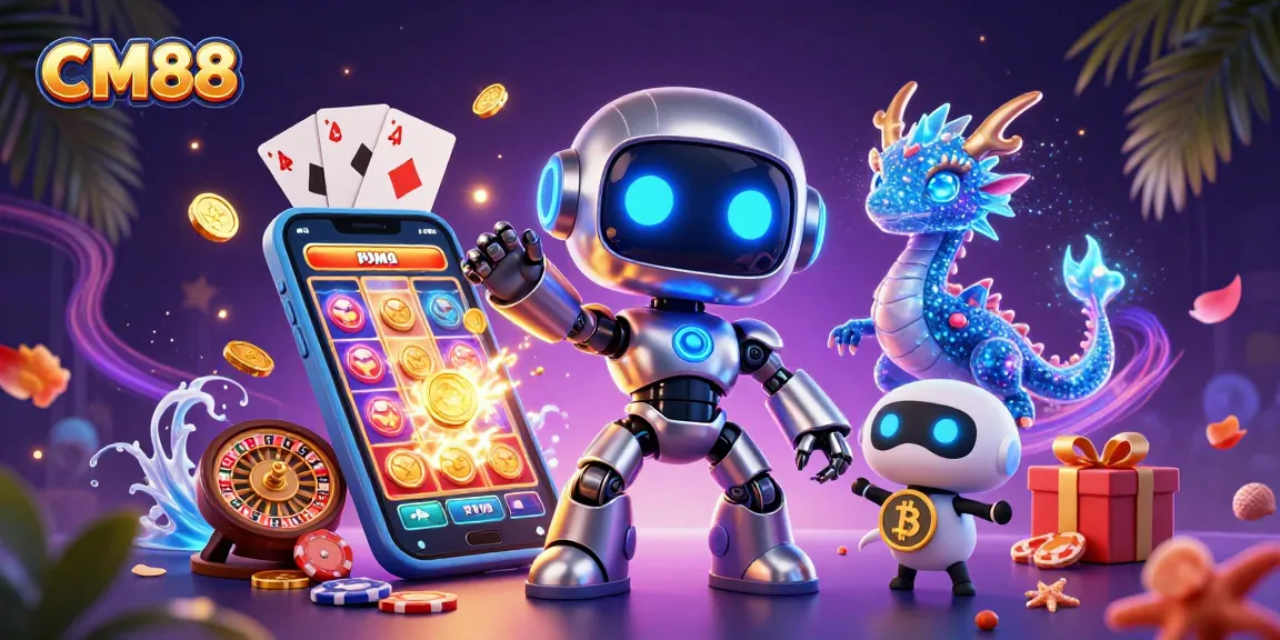 Experience the thrill of gaming with CM88 in an energetic casino scene filled with slots and excitement.