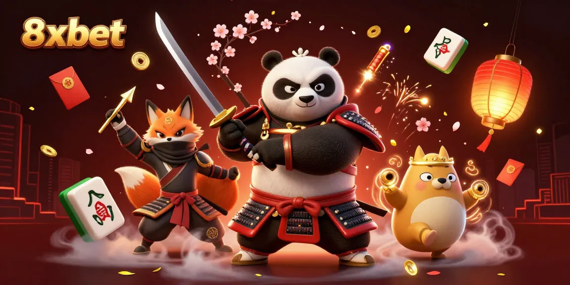Engage in exciting games at 8xbet with a dynamic scene of a samurai panda and ninja fox.