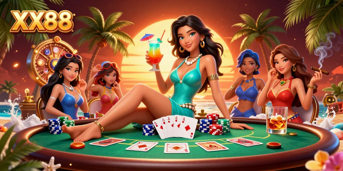 Experience thrilling gameplay at XX88 with a glamorous scene featuring a beautiful woman holding a cocktail amidst casino elements.