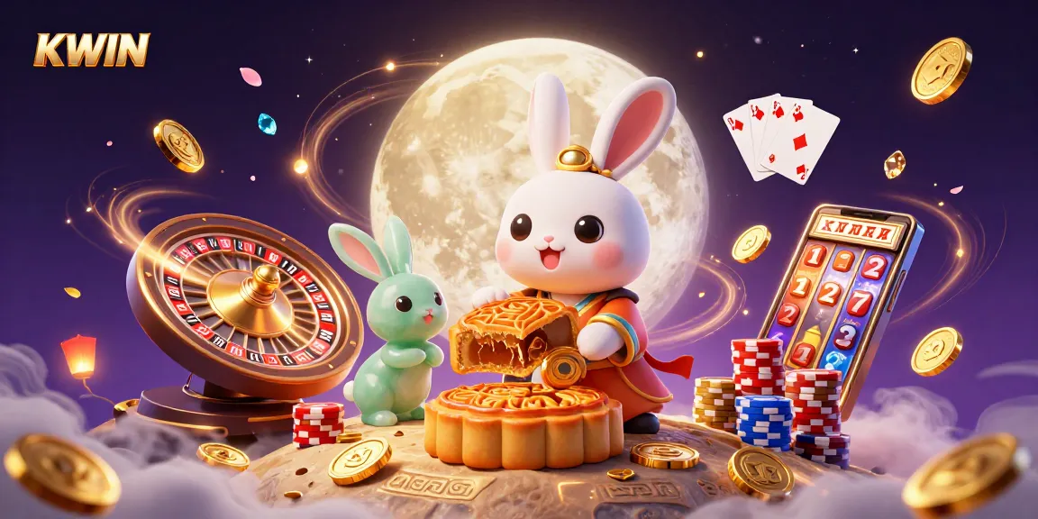 KWIN casino scene with vibrant moon rabbits, poker chips, and engaging gambling elements.