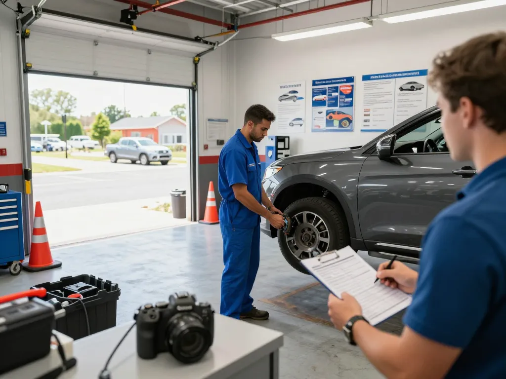 Lyft inspection in progress with a mechanic checking a vehicle's safety standards in a well-lit garage.