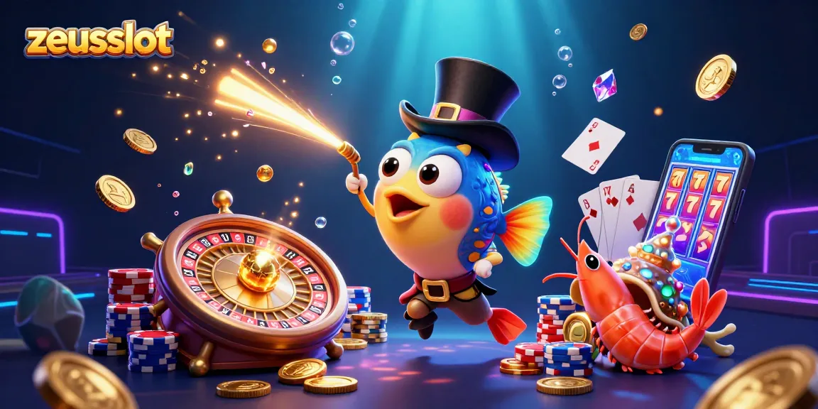 Win big with zeusslot as cartoon characters attract golden coins in an exciting casino scene