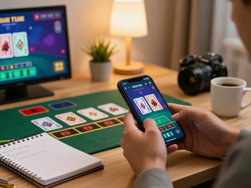 Player engaged in online blackjack on their smartphone, experiencing 11win action with strategy notes
