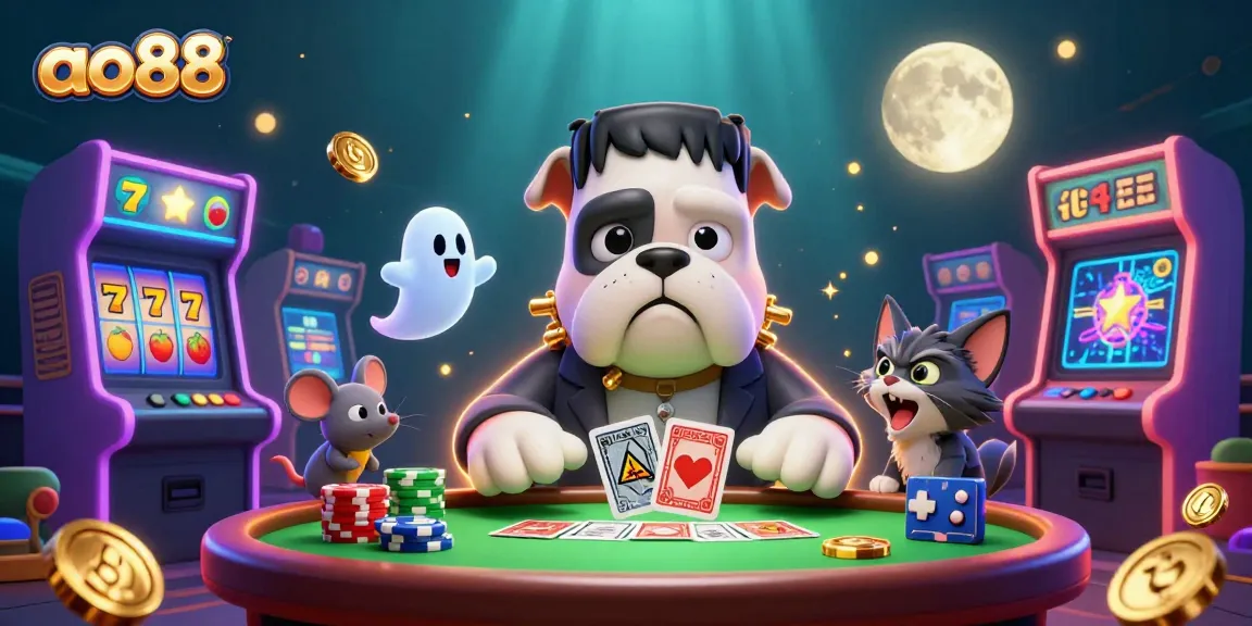 Play with ao88's casino magic: a Frankenstein bulldog deals cards as a ghost mouse floats through chips.