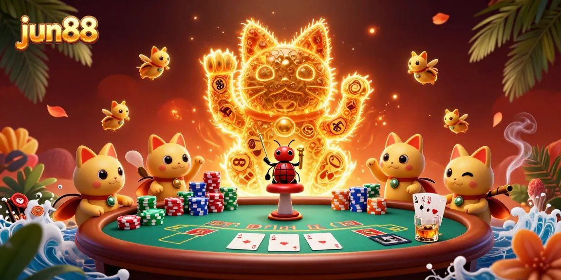 Experience the luck of jun88 with this vibrant 3D casino scene featuring a lucky cat surrounded by dynamic game elements.
