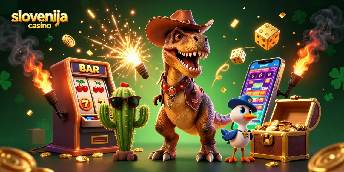 Aktivirajte svojo srečo v slovenija casino s parkirnim T-Rexom in loterijskimi elementi v 3D ilustraciji.