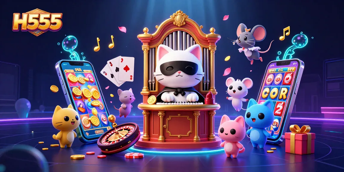 Experience H555 with exciting slots and games, featuring a vibrant 3D casino illustration.