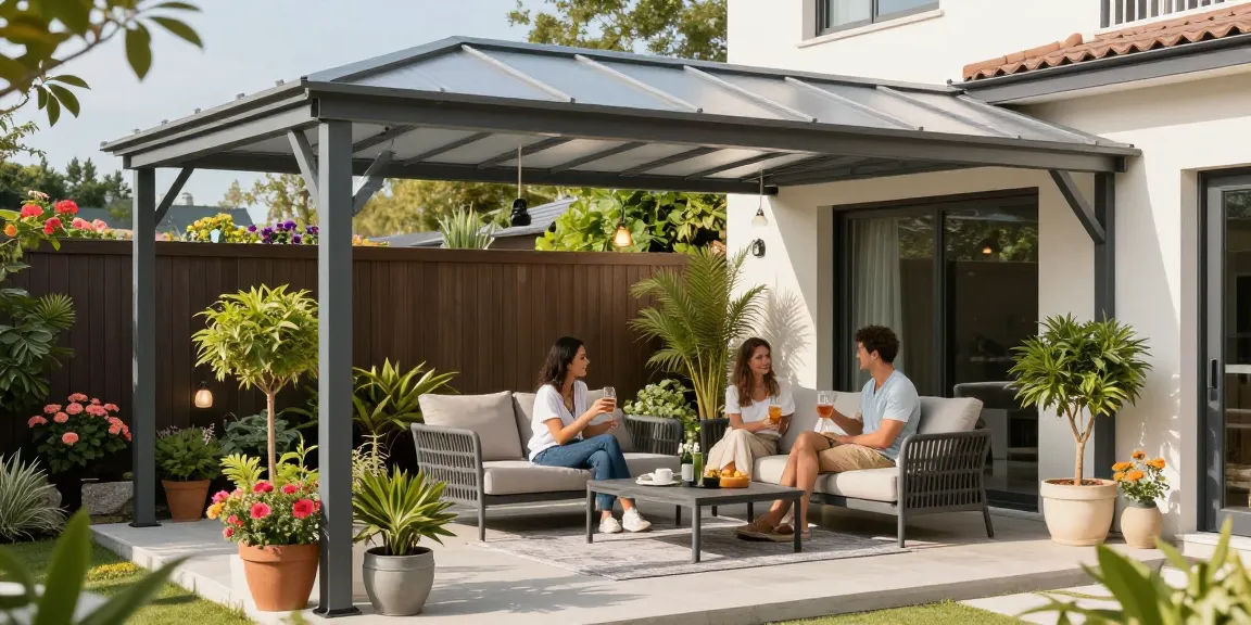Moderne Terrassenüberdachung mit Paar, Pflanzen und Sonnenlicht